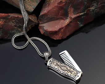 Collar con colgante de peine de barbero de plata de ley - Estilo gótico motero