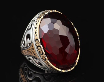 Garnet Ring Oval Stone - Handmade Vintage Ottoman Large Gemstone Ring Men - 925 Sterling Silver Men&#39;s Ring with Silver Polishing Cloth Gift