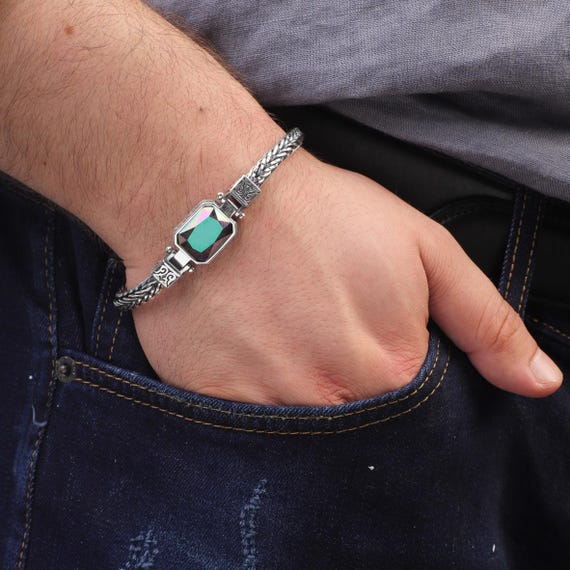 Mystical Topaz Sterling Silver Bracelet: Hand-engraved Gothic