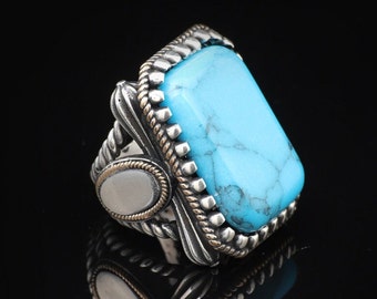 Sieraden Pit - Turquoise Ring - Grote Edelsteen Ottomaanse Vintage Handgemaakte 925 Sterling Zilveren Herenring met Zilveren Polijstdoek Cadeau