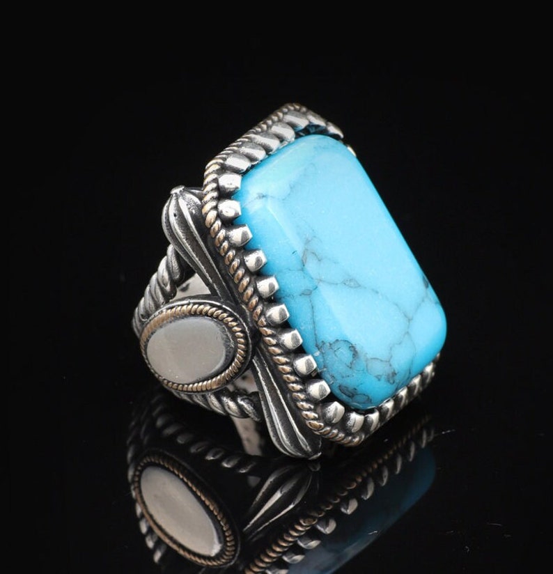 Sieraden Pit Turquoise Ring Grote Edelsteen Ottomaanse Vintage Handgemaakte 925 Sterling Zilveren Herenring met Zilveren Polijstdoek Cadeau afbeelding 1