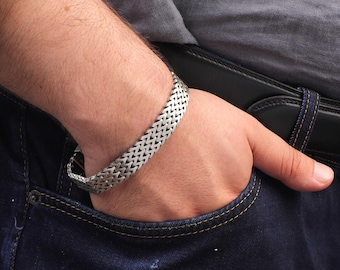 Pulsera de cadena gótica de plata de ley hecha a mano - Estilo vintage grabado