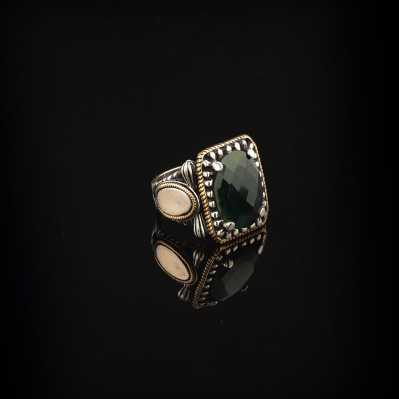 KAMBO Men's Natural Prehnite Jade Ring - 925 Sterling Silver Chain Pattern Band, Ottoman Style Statement Ring