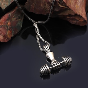 Sterling Silver Dumbbell Necklace – Polished Fitness Pendant for Men, Biker Style with Silver Chain & Cleaning Cloth Gift