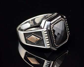 Anello Uomo Argento 925 Con Onice Nera Naturale - Fatto A Mano, Taglio Cushion, Premium