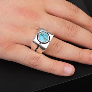 Men’s Turquoise Signet Ring - Vintage Ottoman Style Pinky Ring, Handmade Sterling Silver Engagement Ring with Custom Engraving