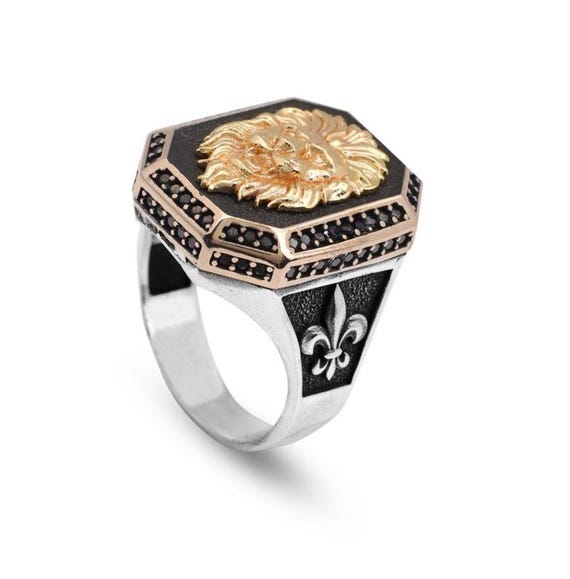 Chevalière lion pour homme bague onyx en argent sterling faite