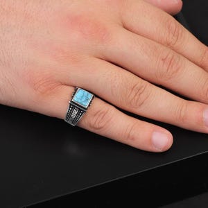 Vintage Men&#39;s Turquoise Ring | Sterling Silver Signet and Pinky Ring | Handmade Ottoman Design | Custom Engraving Available |Engagement Ring