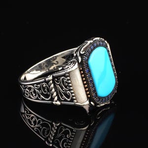 Men&#39;s Turquoise Signet Ring | Vintage Ottoman Style Pinky Ring | Handmade Sterling Silver Gemstone Engagement Ring with Custom Engraving