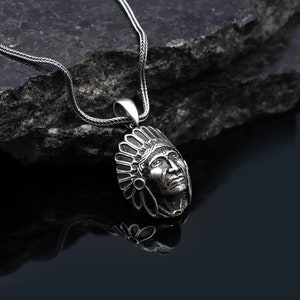 Sterling Silver American Indian Chief Pendant Necklace - Tribal Jewelry
