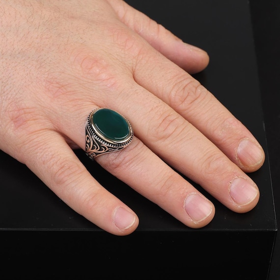 Vintage Jade Gemstone Signet Ring for Men Handmade Sterling