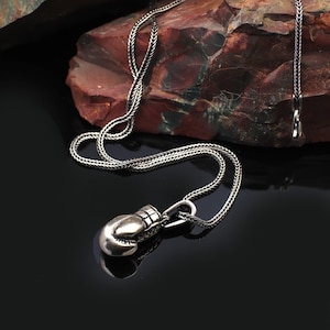 Boxing Glove Necklace - Polished Sterling Silver Mens Pendant - Silver Chain Gothic Biker Necklace + Silver Cleaning Cloth Gift