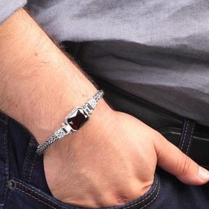 Handmade Gothic Garnet Bracelet: Sterling Silver Chain, Hand-Engraved