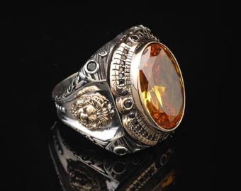 Vintage Citrine Lion Signet Ring: Handmade Sterling Silver, Ottoman Style