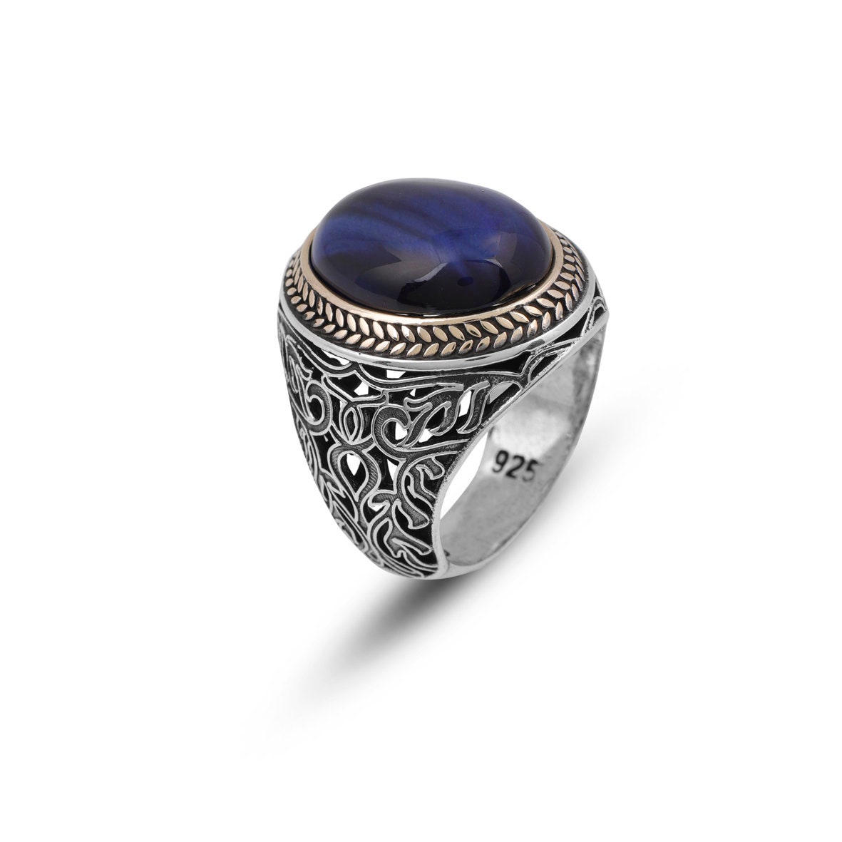 Jewellery Pit - Handmade Blue Tiger Eye Men's Ring - 925