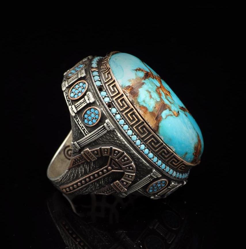 Handmade Special Turquoise Stone Ring, Vintage Ottoman Style Large 925 Sterling Silver Men's Gemstone Ring, Polished Turkish Engagement Ring