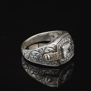 Vintage Pinky Ring met witte saffier - Edelsteenverlovingsring heren in 925 sterlingzilver - Turkse handgemaakte gepolijste ring met microsteen