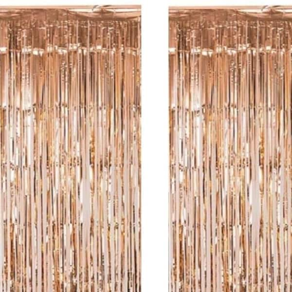 Pack of 3  Foil Rose Gold Fringe Tinsel Curtains , Each curtain Measures 8 feet x 3 feet