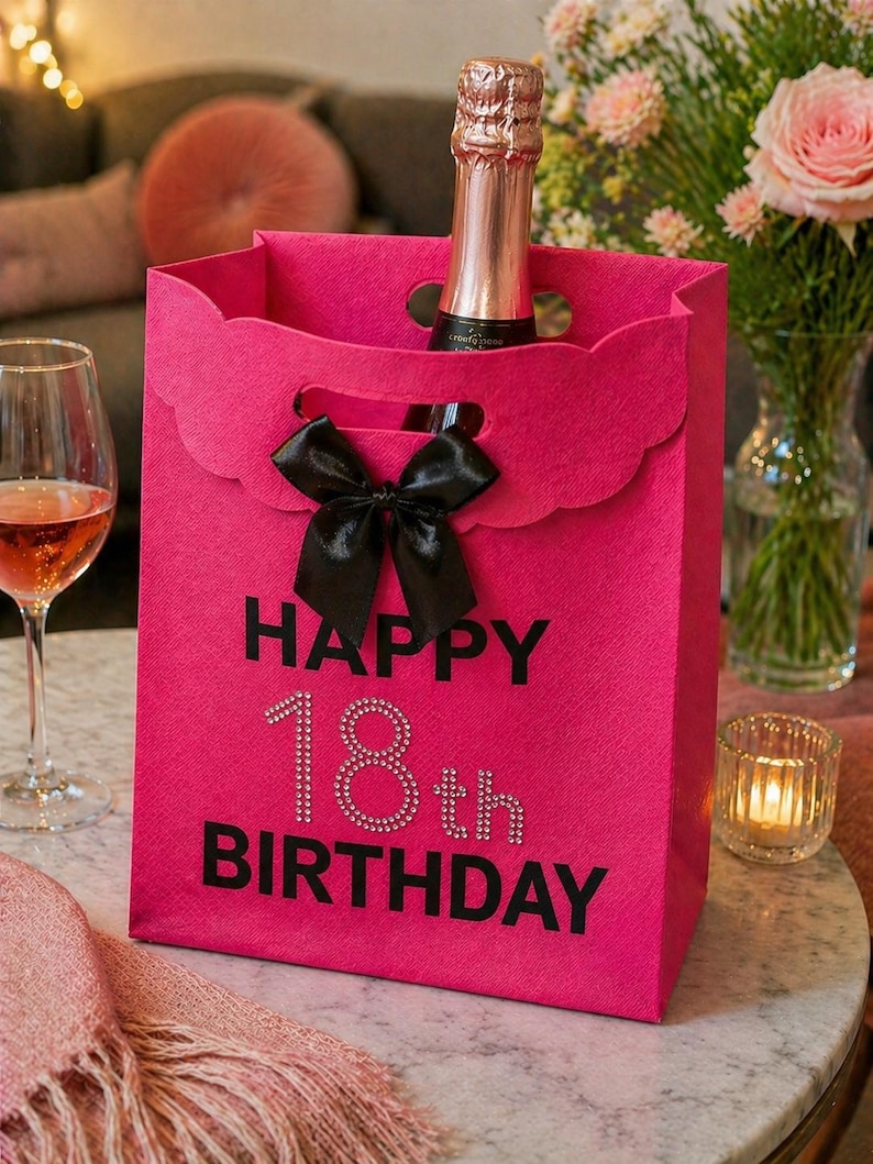May include: A bright pink gift bag with a black bow and the text "HAPPY 18th BIRTHDAY" in black and rhinestones. A bottle of champagne is inside the bag. A wine glass and flowers are in the background.