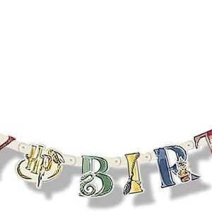 May include: A decorative banner with the words "HAPPY BIRTHDAY" in colorful, stylized letters. Each letter features a different design, with a white background and a string for hanging. The banner is designed for a birthday celebration.