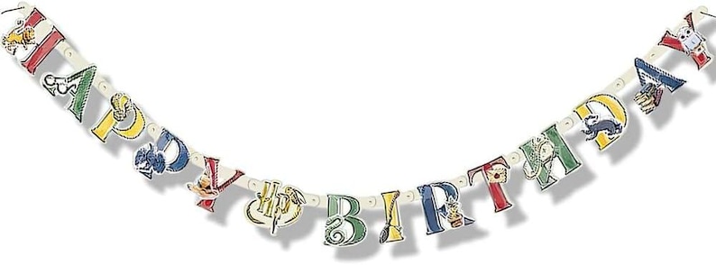 May include: A decorative banner with the words "HAPPY BIRTHDAY" in colorful, stylized letters. Each letter features a different design, with a white background and a string for hanging. The banner is designed for a birthday celebration.