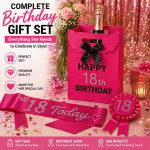 May include: A complete birthday gift set in pink, including a gift bag, sash, and rosette. The gift bag has a black bow and reads "Happy 18th Birthday." The sash says "18 Today" and the rosette has the number 18.