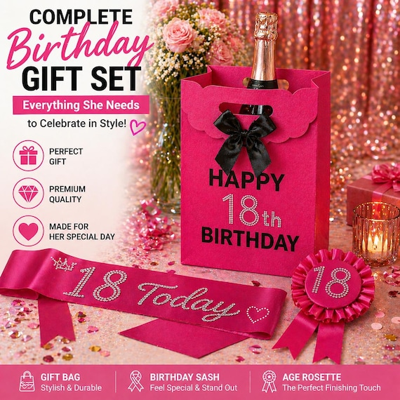 18th Birthday Gift Set for Her, Pink Birthday Girl Sash, 18th Rosette Badge, Wine Gift Bag, 18th Birthday Decorations, Gifts for Daughter