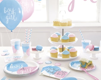 Gender Reveal Baby Shower Party tableware, plates, napkins, tablecover, cups, games, balloons and banners and  Tableware Set