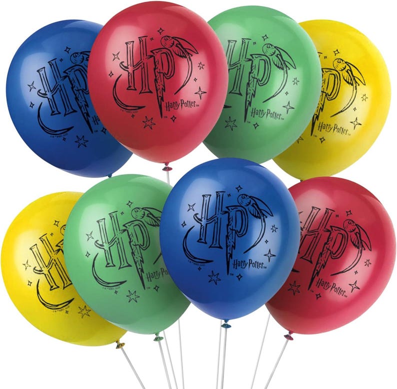 May include: A collection of colorful balloons in blue, red, green, and yellow. Each balloon features a black graphic of the Harry Potter logo with the text "Harry Potter". These balloons are suitable for a themed party or event.