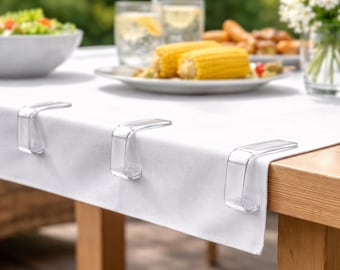 Clear Tablecloth Clips – Set of 8 or 16 | Plastic Table Cover Holders for Outdoor Parties, Weddings & BBQ Tables