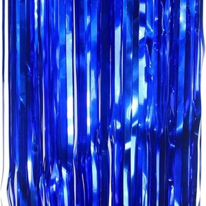 May include: A blue metallic fringe curtain. The curtain is made of thin strips of shiny blue foil.