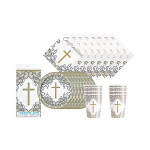 May include: Confirmation party supplies featuring a white and gray lace design with a gold cross. The set includes plates, cups, napkins, and a tablecloth.