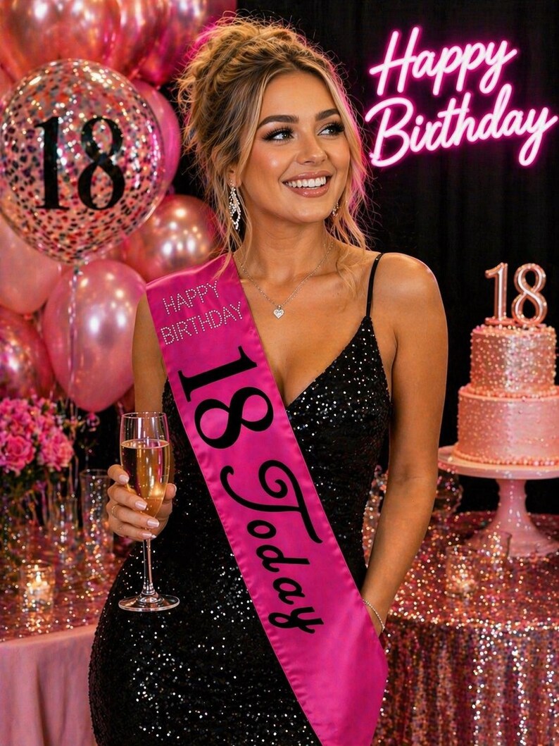 May include: A woman wearing a black sequined dress and a pink sash that says "18 Today" and "Happy Birthday". She is holding a glass of champagne. Pink balloons and a cake with an "18" are in the background. A neon sign says "Happy Birthday".