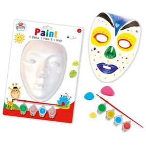 May include: A children's craft kit featuring a white mask, paints, and a brush. The packaging says "Paint" and includes a blank mask, four paint pots, and a paintbrush. A painted mask with yellow, green, blue, and purple details is also shown.