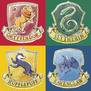 May include: Four square images featuring the crests of the Hogwarts houses: Gryffindor, Slytherin, Hufflepuff, and Ravenclaw. Each crest is on a different colored background: red, green, yellow, and blue. The house names are written on banners.