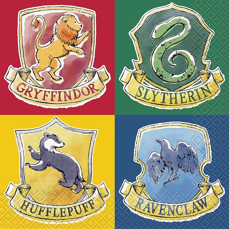 May include: Four square images featuring the crests of the Hogwarts houses: Gryffindor, Slytherin, Hufflepuff, and Ravenclaw. Each crest is on a different colored background: red, green, yellow, and blue. The house names are written on banners.