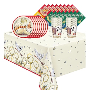 May include: A collection of Harry Potter-themed party supplies. Includes plates with a book and sorting hat design, cups with "Platform 9 3/4" text, napkins with house crests, and a tablecloth with owls and Quidditch hoops.
