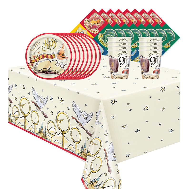 May include: A collection of Harry Potter-themed party supplies. Includes plates with a book and sorting hat design, cups with "Platform 9 3/4" text, napkins with house crests, and a tablecloth with owls and Quidditch hoops.