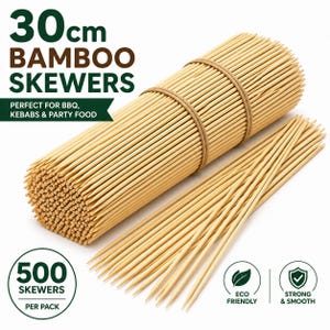 May include: A bundle of 30 cm bamboo skewers, perfect for BBQ, kebabs, and party food. The package contains 500 skewers. The skewers are eco-friendly, strong, and smooth. The skewers are tied together with a natural twine.