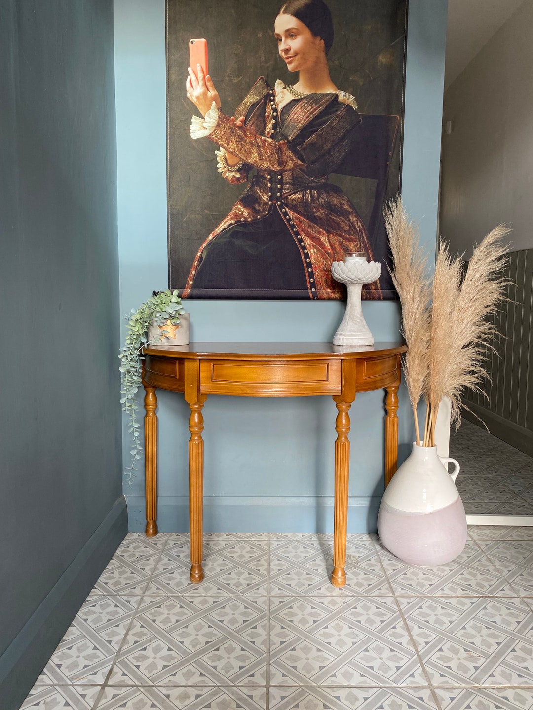 Vintage, Yew, Half Moon, Table, Occasional, Living Room, Hallway