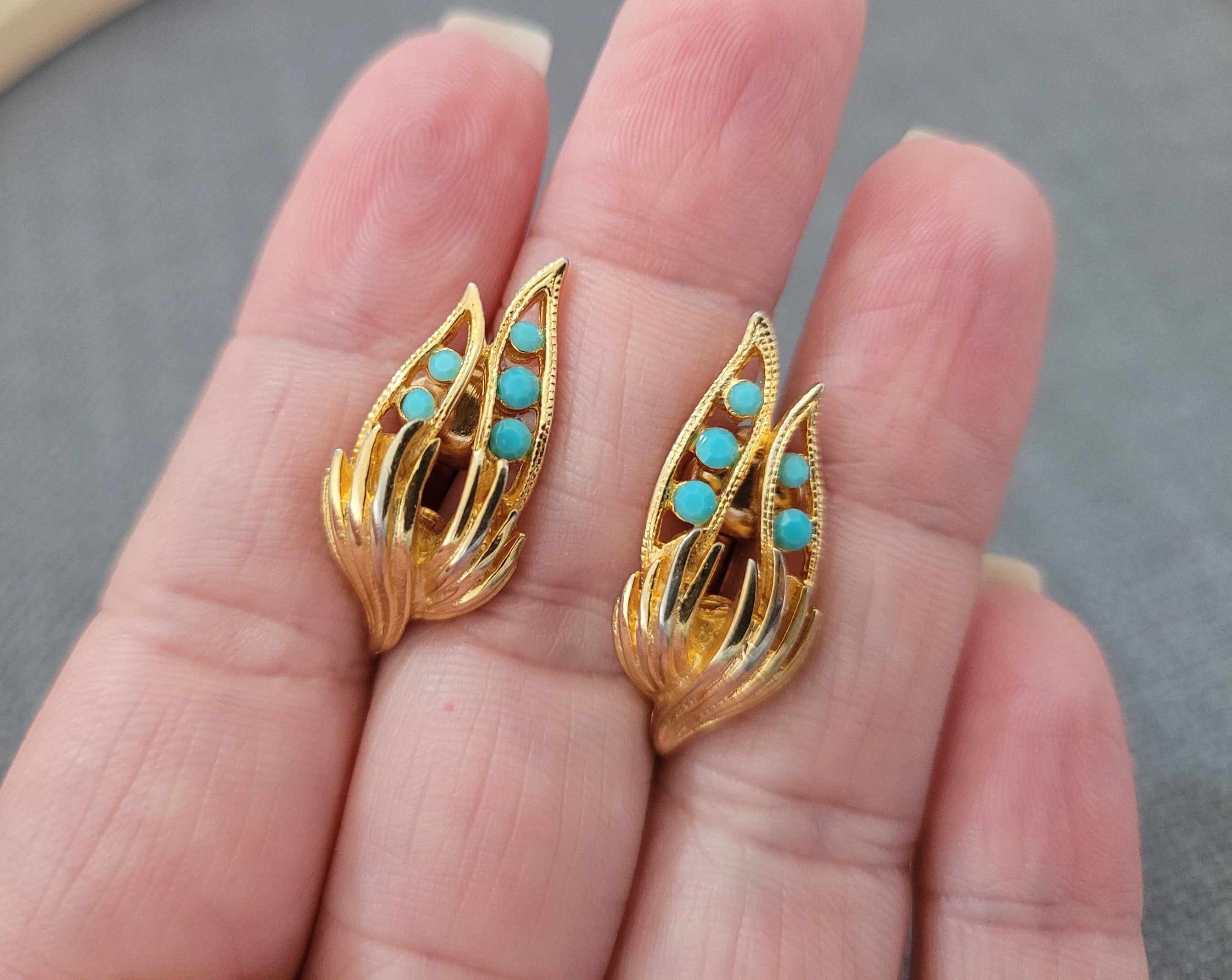 Boucles D'oreilles Clip Vintage Or Et Perles Turquoise - Bijou Ancien Modèle 5293