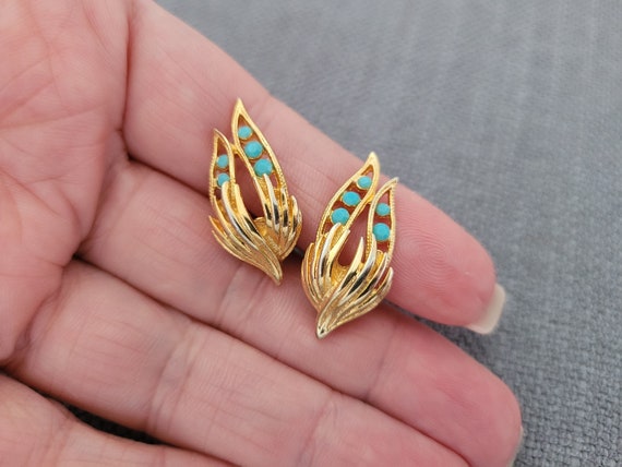 Boucles D'oreilles Clip Vintage Or Et Turquoise - Bijou Ancien, Parfait état De Patine