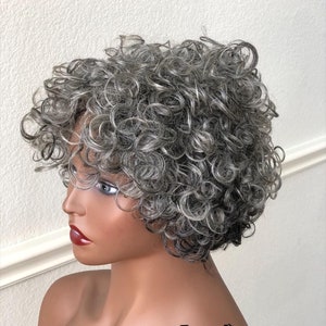 Glueless Salt and Pepper Grey Silver Curly Synthetic Wigs for Black Women Ready-to-Ship