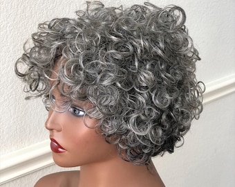 Glueless Salt and Pepper Grey Silver Curly Synthetic Wigs for Black Women Ready-to-Ship