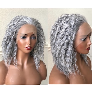 Salt and Pepper Grey Silver Curly Wet and Wavy Lace Frontal Wig Synthetic Human Hair Ready-to-Wear Glueless Gray Wig
