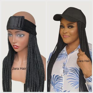 May include: Two images showcasing braided hair styles. One features a black headband with attached braids, the other a black baseball cap with braids. Both styles offer a convenient and stylish look. The text "Jara Hair" is visible in both images.