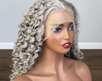 Silver Gray Deep Wave Curly Wig Lace Front Synthetic Heat Resistant Glueless Salt Pepper Hair Wig