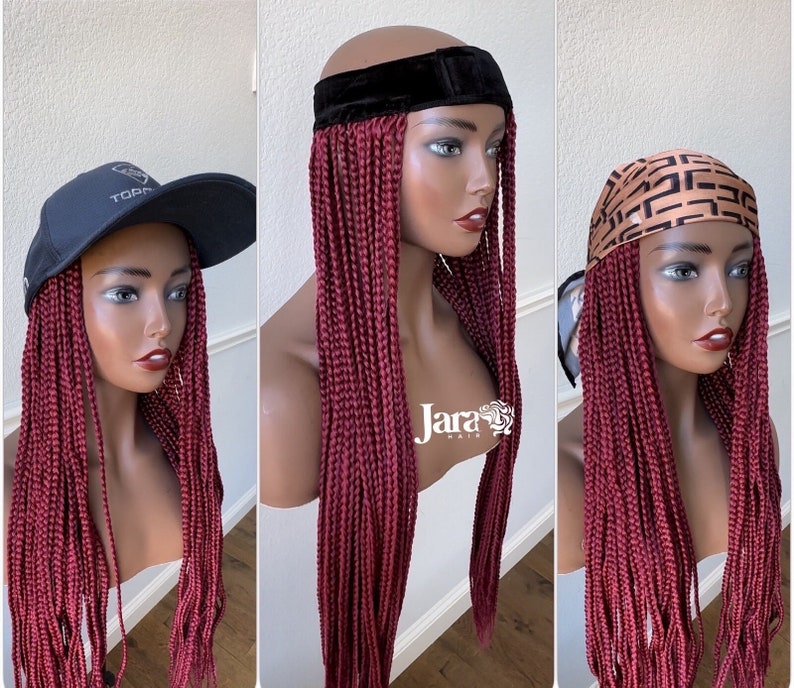 Headband Braid Wig, Burgundy Braids, Braided Headband Wig, Braided Wigs with Headband, Hat Braids Cap wig, hair loss alopecia chemo wig