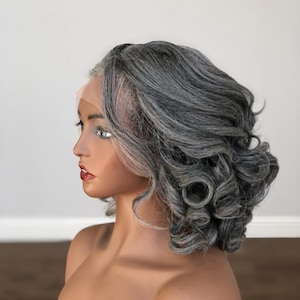 Glueless Salt & Pepper Grey Curly Wig Heat Resistant Synthetic, 13×4 Lace Front Adjustable Fit, Natural Volume Wig