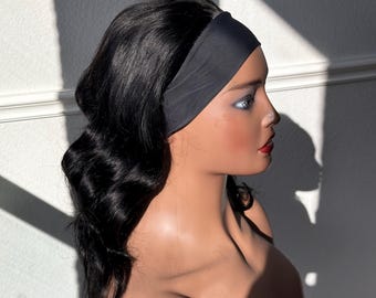 Peluca con diadema de cabello ondulado profundo, peluca de cabello ondulado corporal, peluca bandfall, peluca de peinado natural con diadema de cabello negro